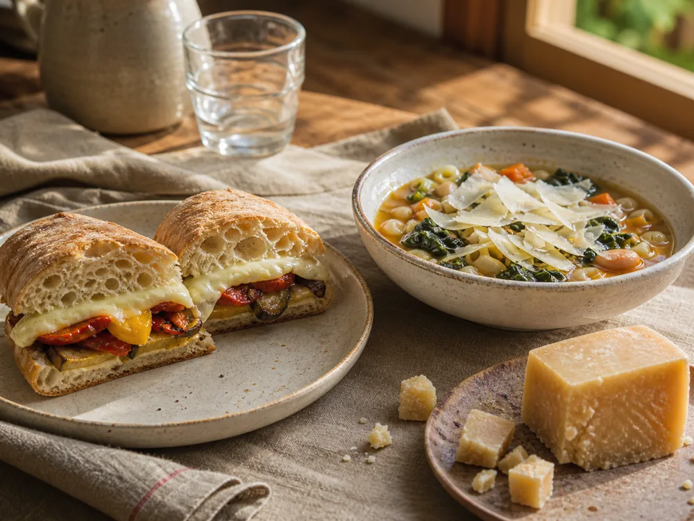 Melted young Asiago in a panino beside soup topped with aged Asiago shavings - Asiago cheese | KnowTheCheese