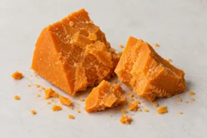 Broken chunks of deep orange crumbly cheese with loose crumbs on a pale surface - Auld Lochnagar | KnowTheCheese