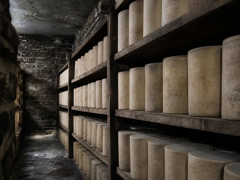 Rows of tall cylindrical cheese truckles on wooden shelves in a cold damp stone store - Auld Lochnagar | KnowTheCheese