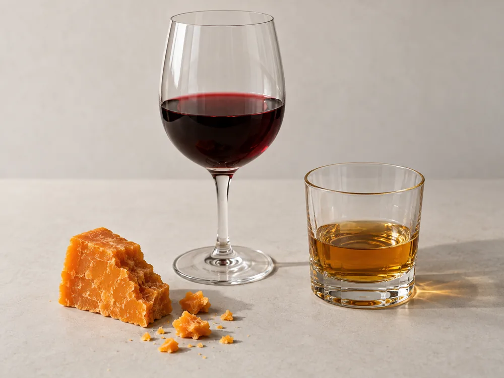 Broken piece of deep orange crumbly cheese beside a glass of red wine and a glass of whisky - Auld Lochnagar | KnowTheCheese