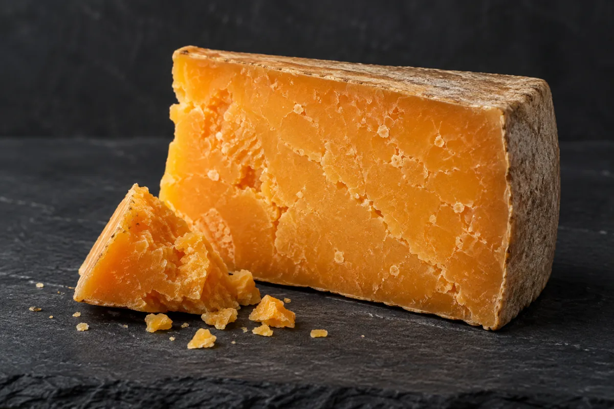 Wedge of hard orange cheese with a natural rind and a broken piece in front - Auld Reekie | KnowTheCheese