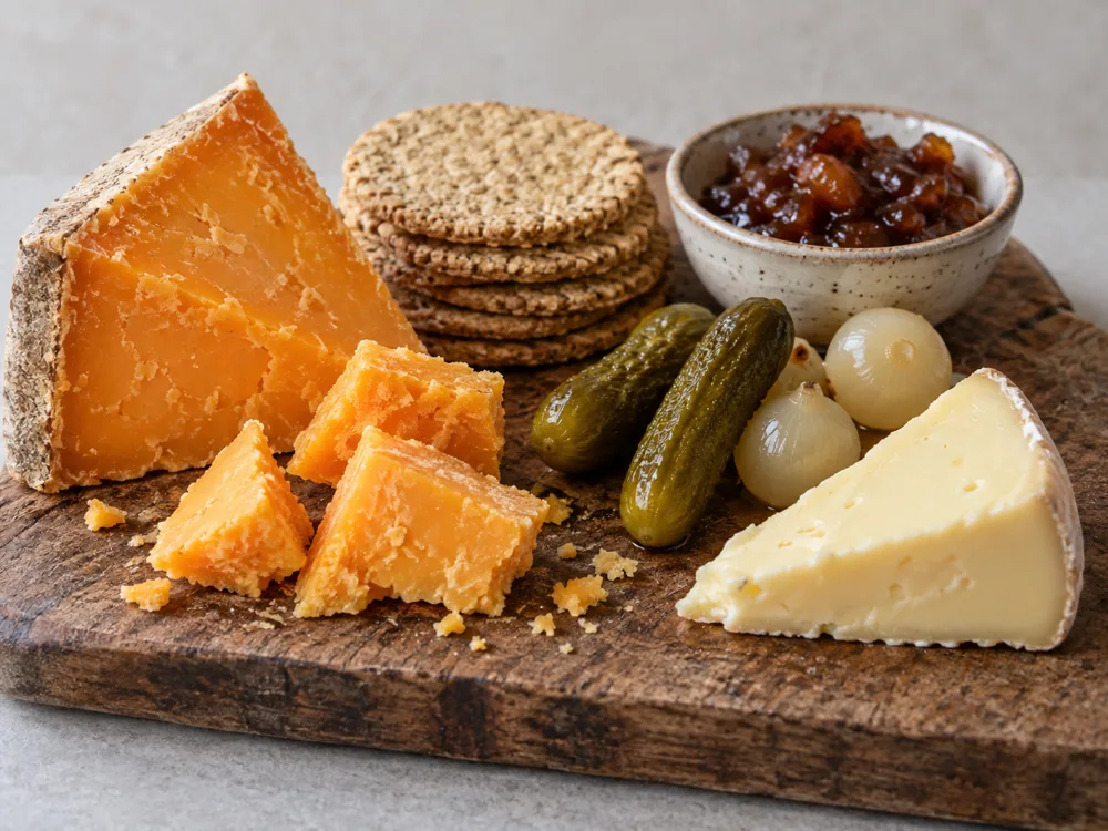 Hard orange cheese with a natural rind beside oatcakes, chutney, pickles and a soft creamy cheese - Auld Reekie | KnowTheCheese
