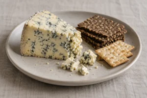 Blue-veined cheese wedge with rye crisps and crackers - Aura Cheese | KnowTheCheese