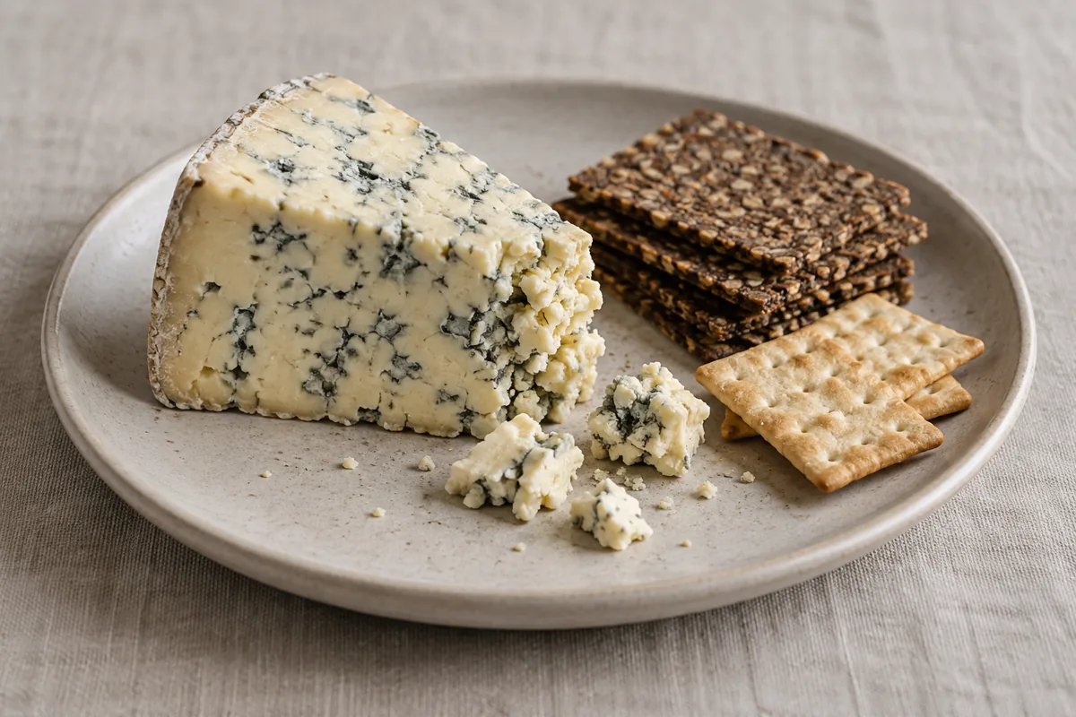 Blue-veined cheese wedge with rye crisps and crackers - Aura Cheese | KnowTheCheese