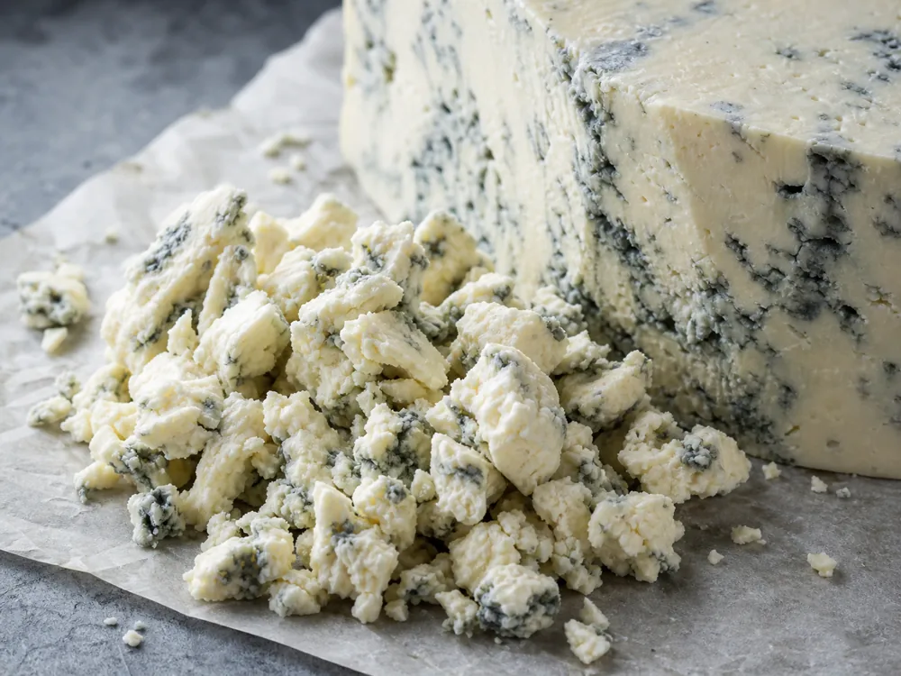 Creamy blue cheese crumbles and wedge detail - Aura Cheese | KnowTheCheese