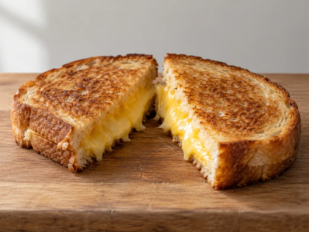 Grilled cheese sandwich cut in half with melted yellow cheese at the cut edge - Avonlea Clothbound Cheddar | KnowTheCheese