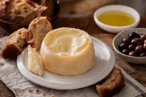 Small spoonable Portuguese sheep cheese with bread and olives - Azeitão Cheese | KnowTheCheese