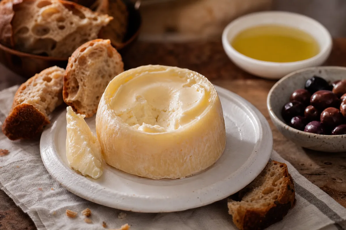 Small spoonable Portuguese sheep cheese with bread and olives - Azeitão Cheese | KnowTheCheese