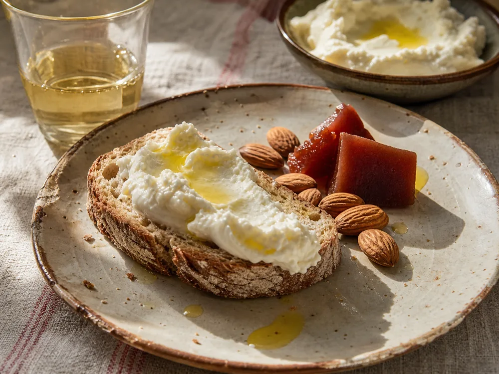 Soft sheep cheese spread on bread with olive oil and quince - Azeitão Cheese | KnowTheCheese