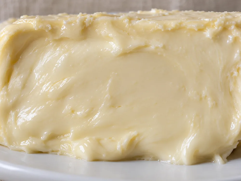 Close view of a soft, glossy, ivory paste with no holes on a white plate - Azeitão Cheese | KnowTheCheese