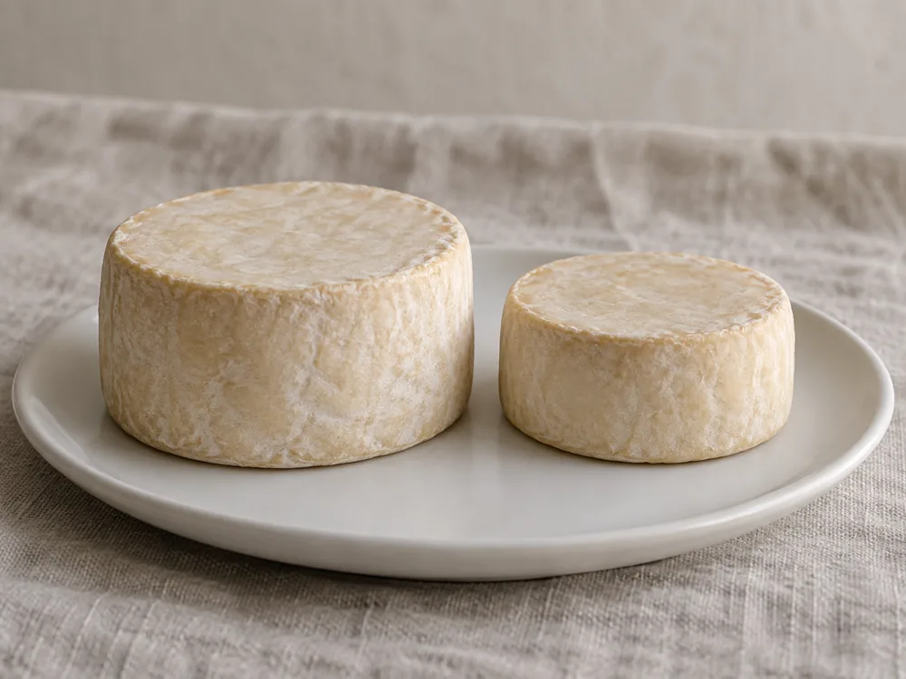 Two small round sheep's-milk cheeses of the same shape, one larger and one smaller, on a white plate - Azeitão Cheese | KnowTheCheese
