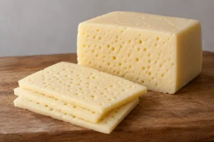Rindless Baby Swiss block and slices with small close-set holes - Baby Swiss | KnowTheCheese
