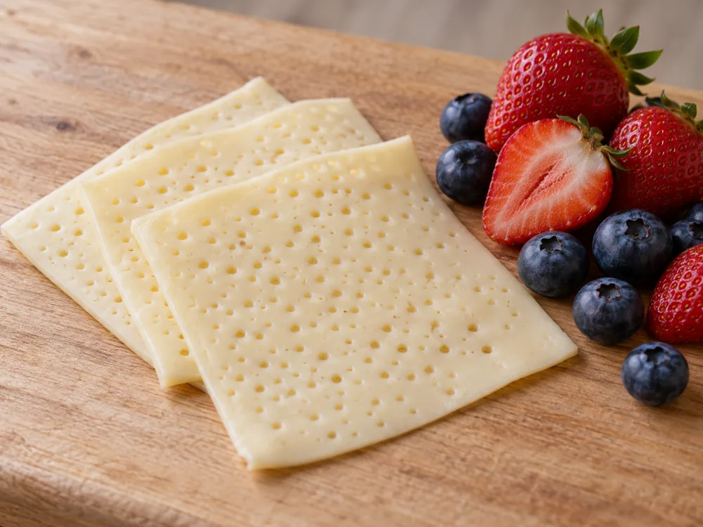 Baby Swiss slices with small close-set holes beside strawberries and blueberries - Baby Swiss | KnowTheCheese