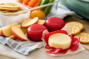 Small red wax wrapped snack cheeses with crackers and apple - Babybel Cheese | KnowTheCheese