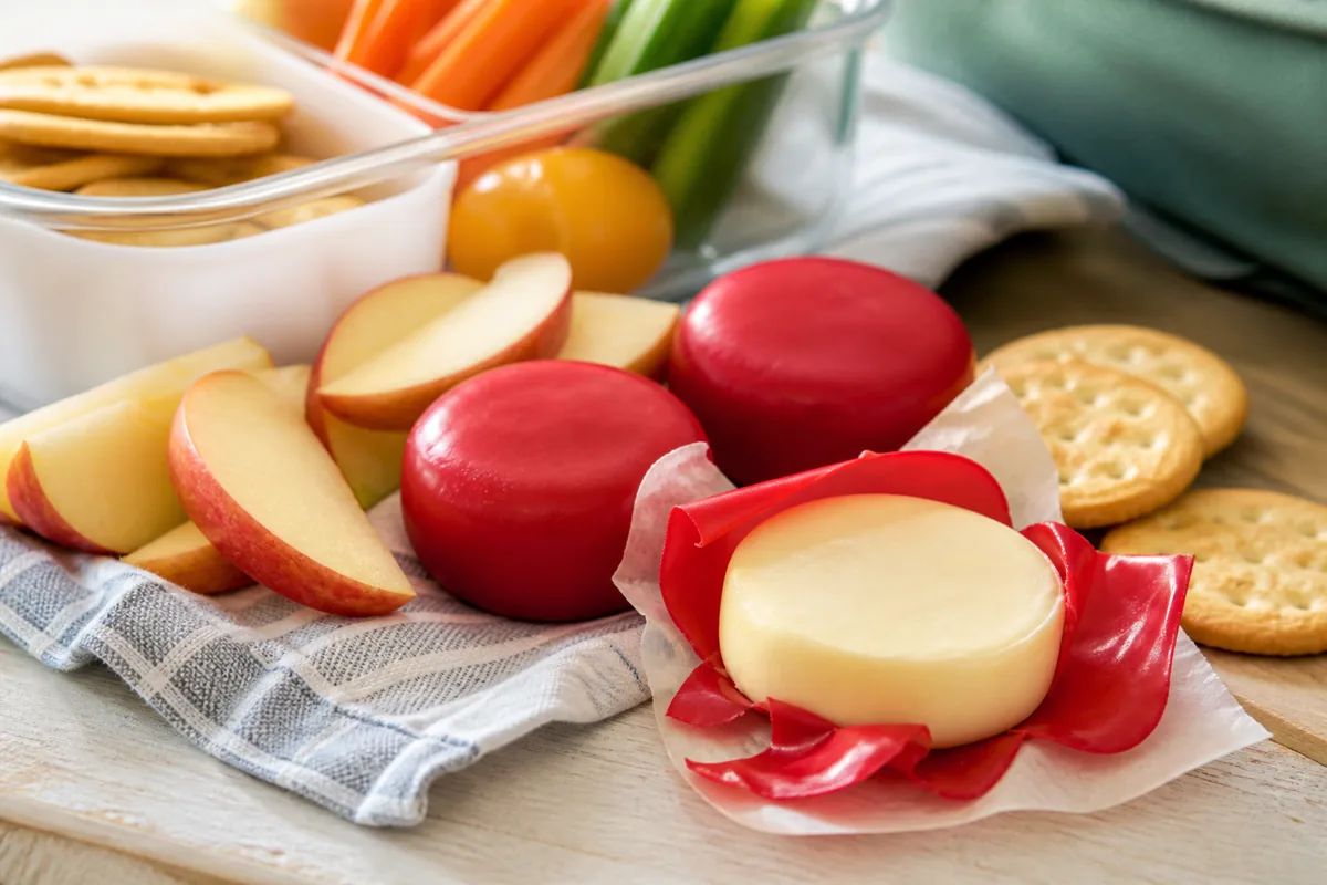 Small red wax wrapped snack cheeses with crackers and apple - Babybel Cheese | KnowTheCheese