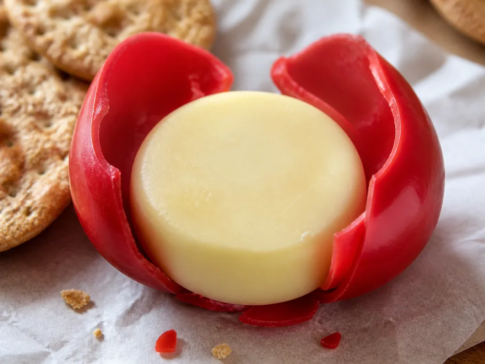 Red wax peeled from a small round snack cheese - Babybel Cheese | KnowTheCheese