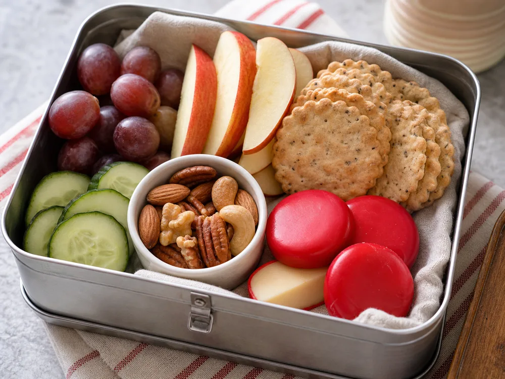 Wax wrapped snack cheese in a lunchbox with fruit and crackers - Babybel Cheese | KnowTheCheese