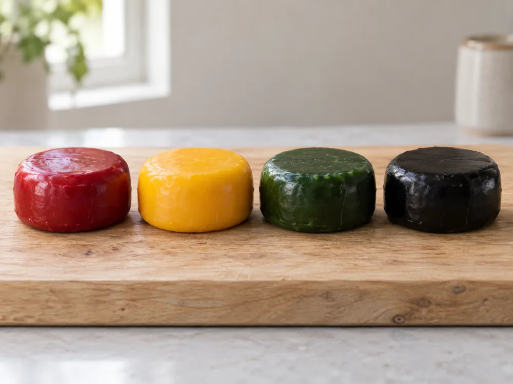 Four snack cheese rounds in red, yellow, green and black wax - Babybel Cheese | KnowTheCheese