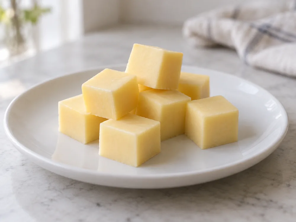 Pale yellow cheese cut into bite-size cubes on a white plate - Babybel Cheese | KnowTheCheese