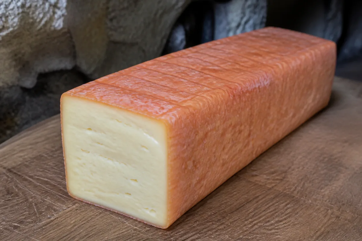 Rectangular bar of washed-rind cheese with a damp orange rind and a square cut end showing pale paste - Baguette laonnaise | KnowTheCheese