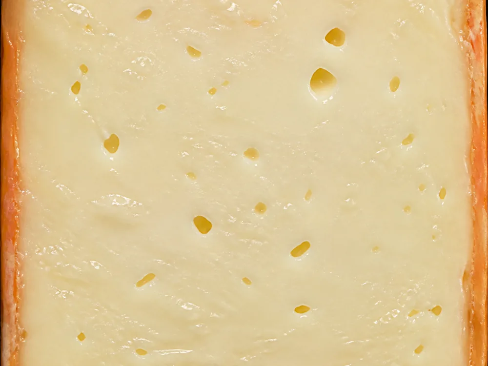 Square cross-section of pale supple paste with a thin damp orange rind running around all four edges - Baguette laonnaise | KnowTheCheese