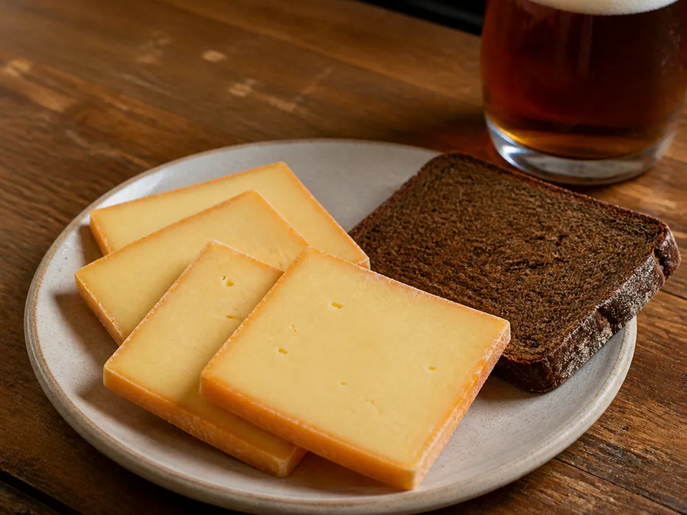 Square slices cut across the bar arranged on a plate beside dark bread and a glass of beer - Baguette laonnaise | KnowTheCheese