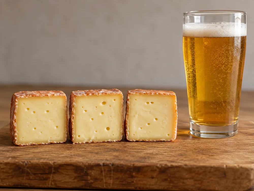 Three square slices of washed-rind cheese with pale yellow paste and small holes beside a glass of golden blonde beer - Baguette laonnaise | KnowTheCheese