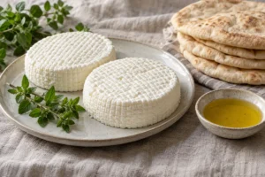 Fresh white Baladi cheese rounds with basket marks, pita and olive oil - Baladi Cheese | KnowTheCheese