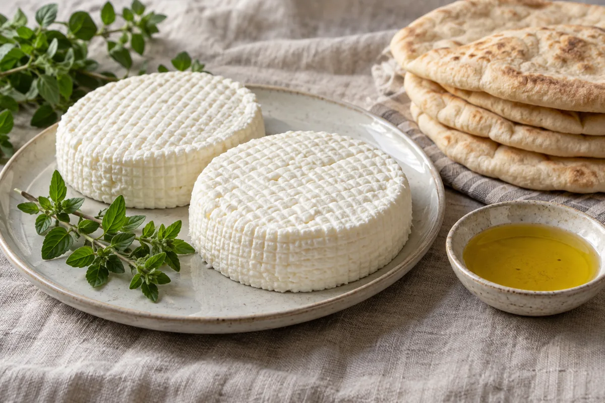 Fresh white Baladi cheese rounds with basket marks, pita and olive oil - Baladi Cheese | KnowTheCheese