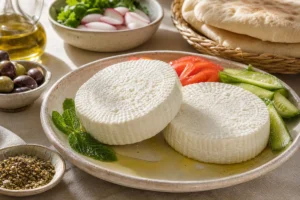 Fresh Baladi-style white cheese with pita olive oil and vegetables - Baladi Cheese | KnowTheCheese