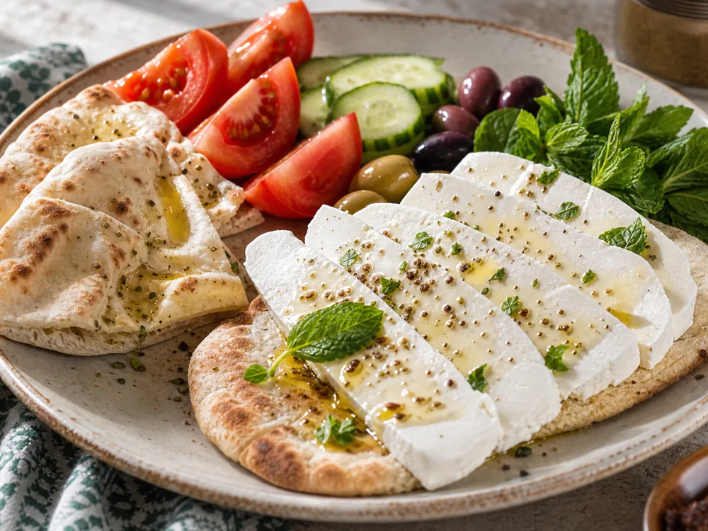 Baladi-style cheese with pita olive oil zaatar and vegetables - Baladi Cheese | KnowTheCheese