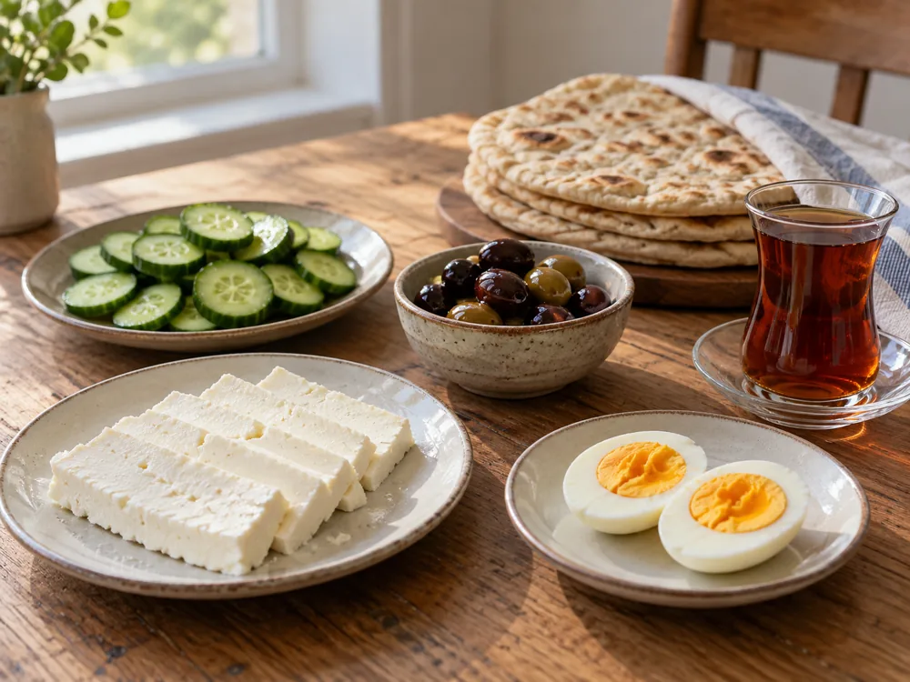 Baladi-style cheese with cucumbers, olives, eggs, bread and tea - Baladi Cheese | KnowTheCheese