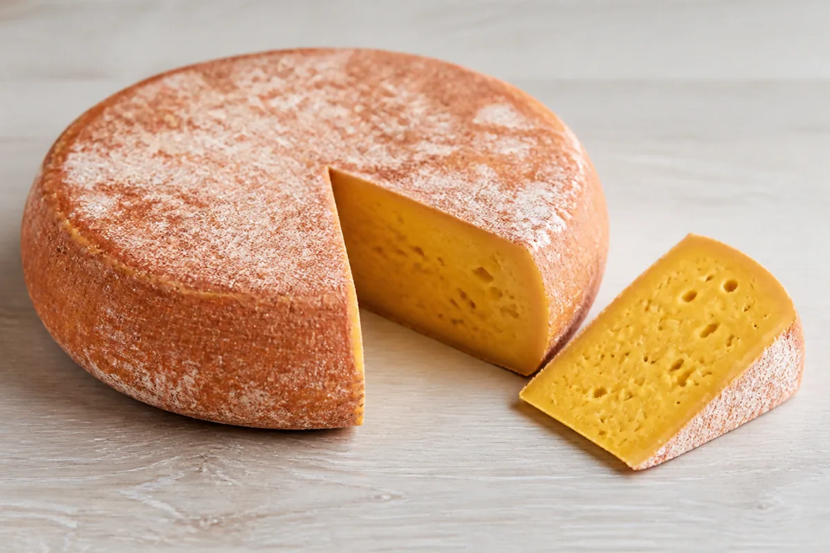 Low round wheel with an apricot rind under a white bloom and a wedge showing bright golden paste - Baluchon | KnowTheCheese