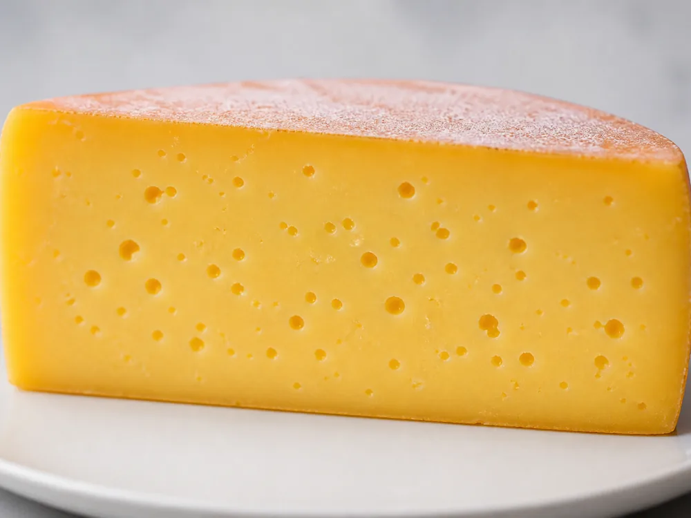 Thick wedge from the side showing bright golden paste with small scattered holes and a thin apricot rind band - Baluchon | KnowTheCheese