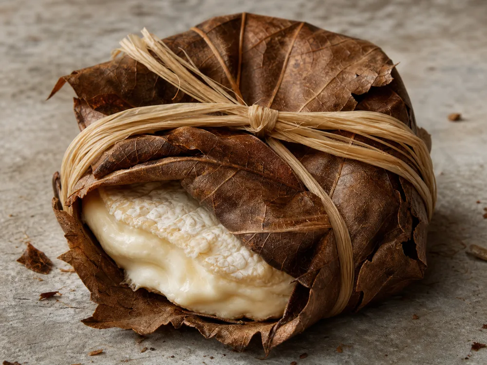 Chestnut leaves and raffia around a small Banon cheese - Banon | KnowTheCheese