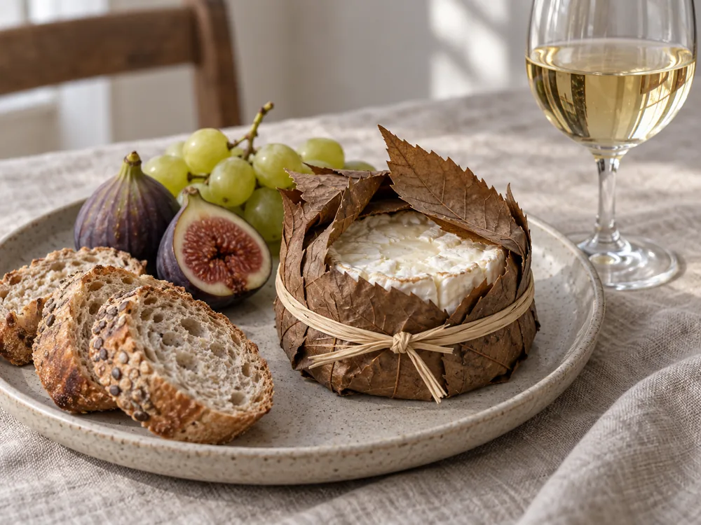 Banon with its chestnut leaves folded back beside seeded bread, figs, grapes and white wine - Banon | KnowTheCheese