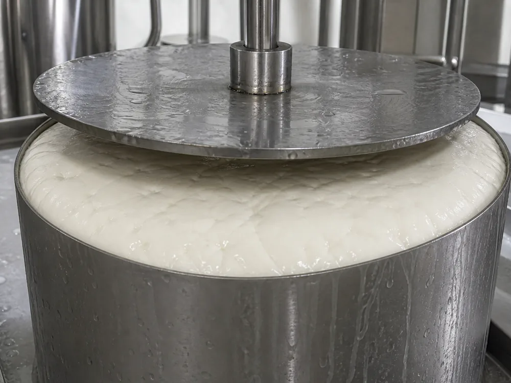 Curd being pressed in a round stainless mould under a weighted follower, knitting into a solid mass - Barden Blue | KnowTheCheese