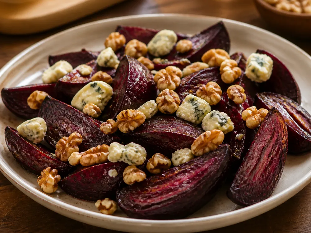 Roasted beetroot wedges with chunks of pale blue cheese softening over them and toasted walnuts - Barden Blue | KnowTheCheese
