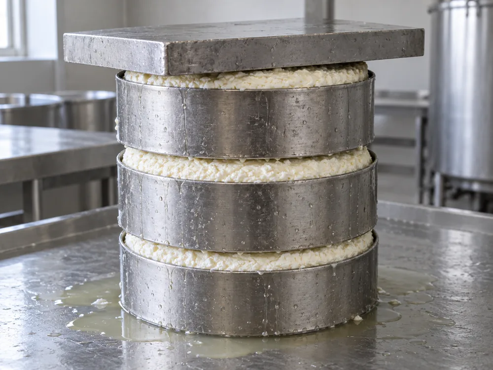 Round cheese hoops filled with white curd stacked under a flat metal slab in a stainless dairy room - Barden Blue | KnowTheCheese