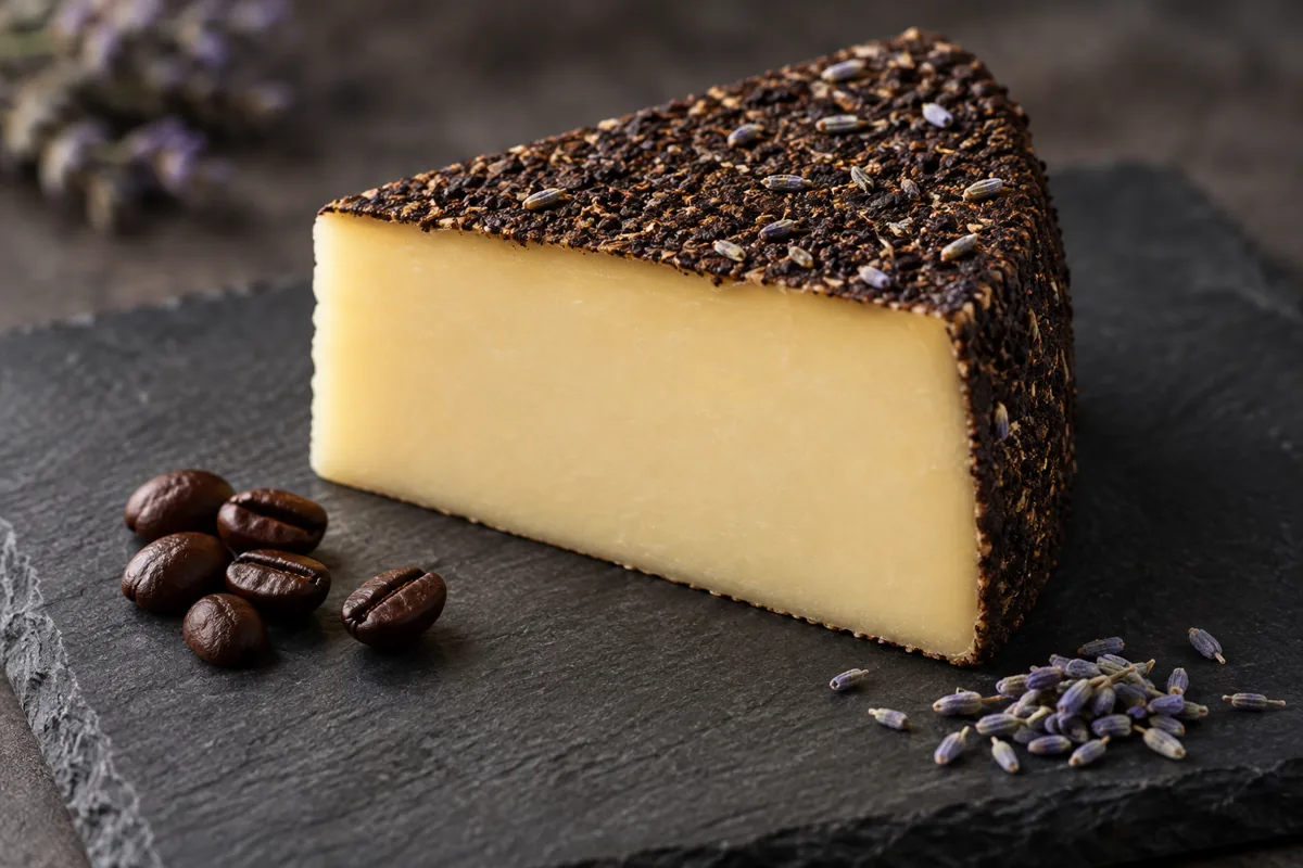 Coffee and lavender rubbed cheddar wedge with coffee beans and dried lavender - Barely Buzzed | KnowTheCheese