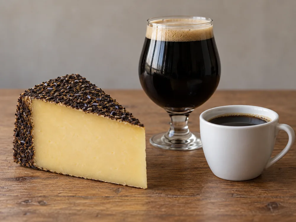 Coffee and lavender rubbed cheddar wedge beside a glass of stout and a cup of black coffee - Barely Buzzed | KnowTheCheese