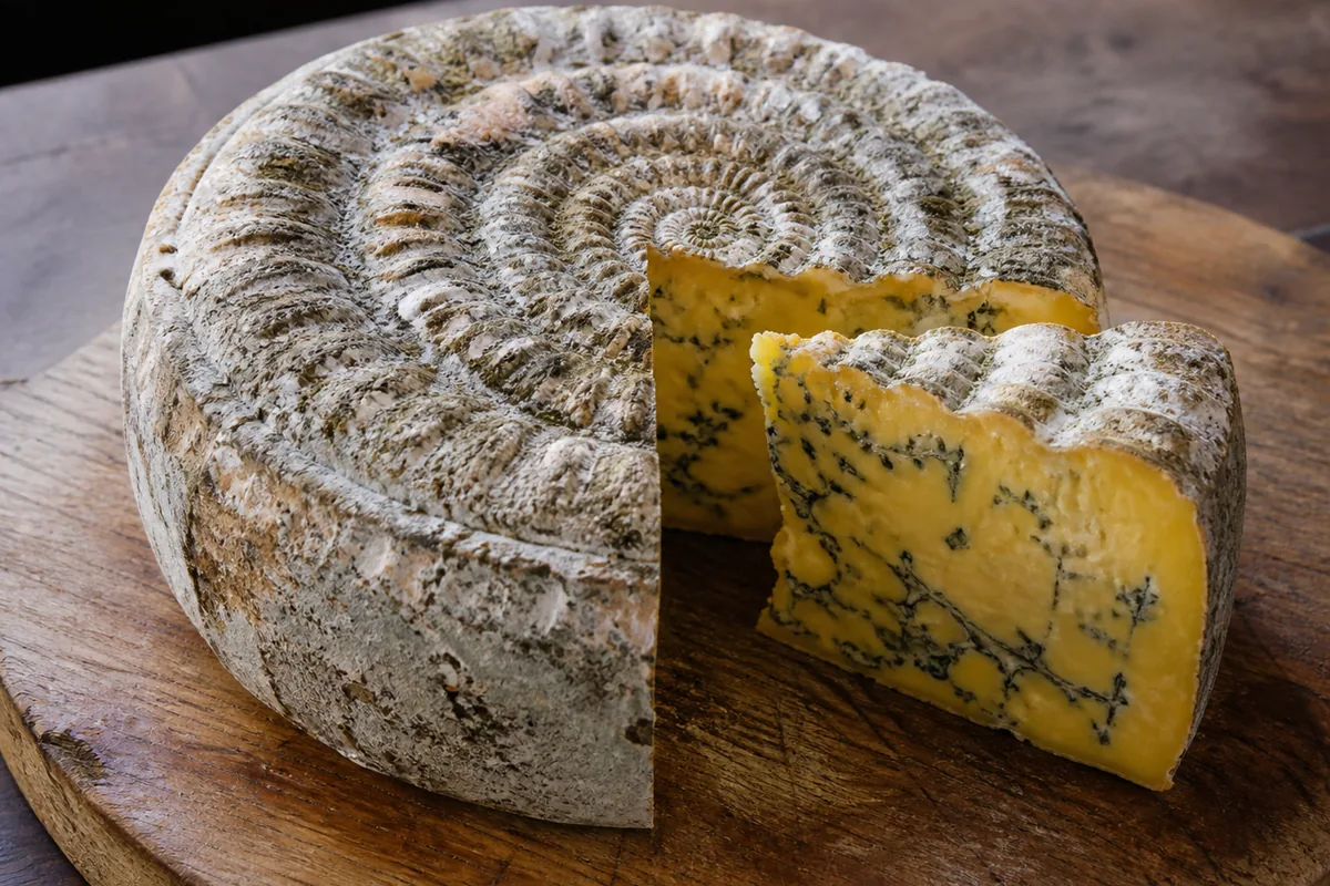 Round blue cheese with an ammonite spiral ridge on top and a wedge cut away showing deep golden paste with blue-green veins - Barkham Blue | KnowTheCheese