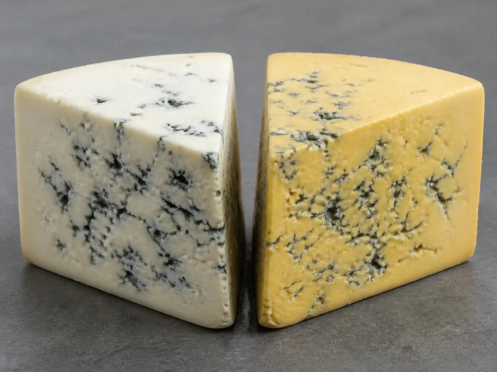 Two wedges of blue cheese side by side, the left with an ivory paste and the right with a deep golden paste, both with dark blue-green veins - Barkham Blue | KnowTheCheese