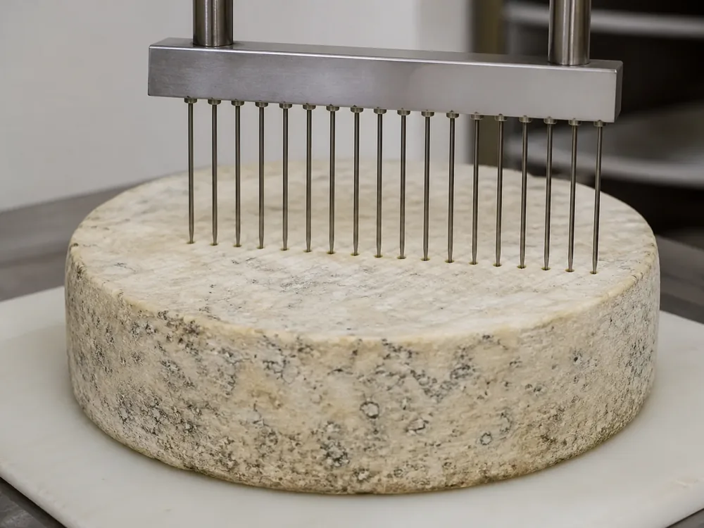 Stainless piercing frame driving a row of long thin needles into the flat top of a round blue cheese - Barkham Blue | KnowTheCheese