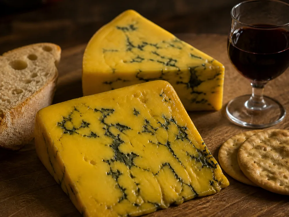 Two wedges of golden blue cheese softened at room temperature on a wooden board beside a small glass of dark port - Barkham Blue | KnowTheCheese