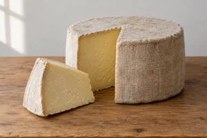 Drum of cloth-wrapped cheddar with a wedge cut away on a wooden bench - Barrys Bay Cheddar | KnowTheCheese