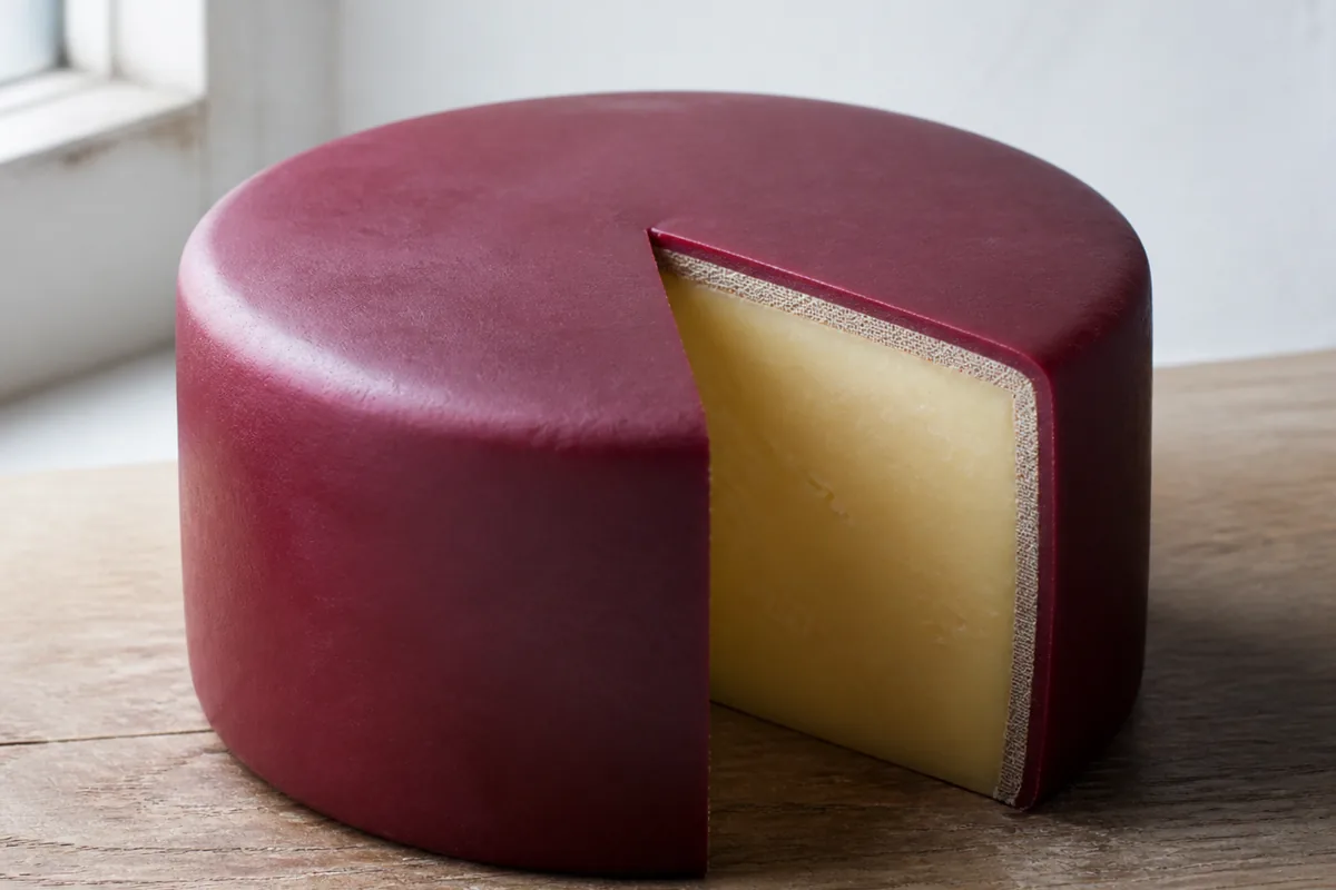 Drum of cheddar sealed in dark red wax with a wedge cut away showing pale gold paste and a cloth-marked rind - Barrys Bay Cheddar | KnowTheCheese