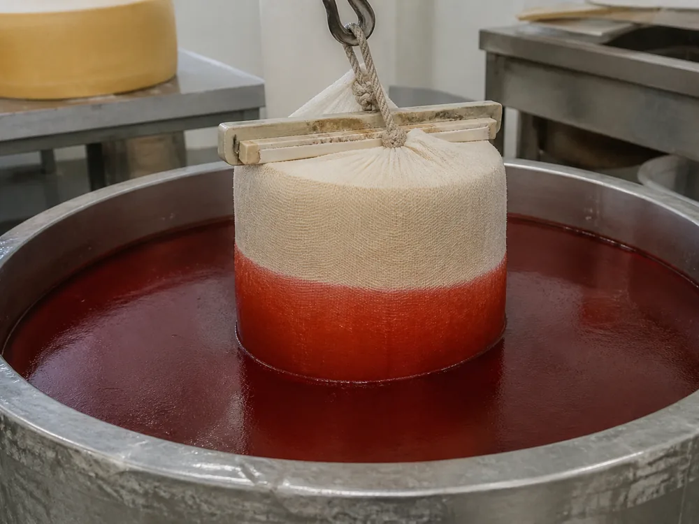 Cheddar drum half lowered into a bath of molten dark red wax with the cloth texture still visible through the set wax - Barrys Bay Cheddar | KnowTheCheese