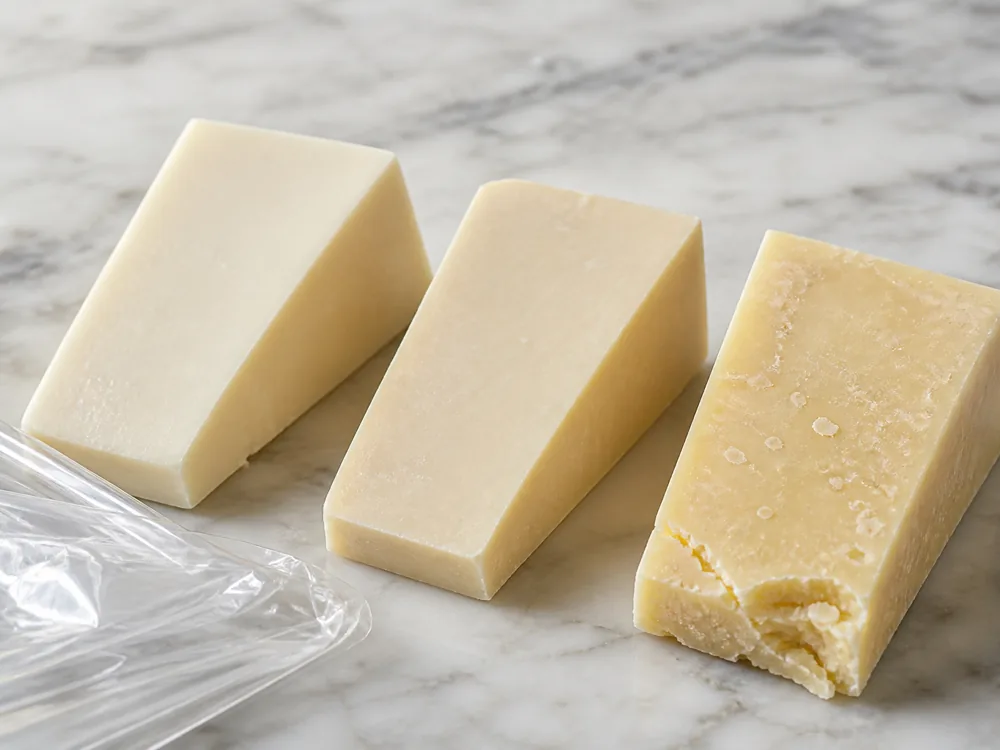 Three wedges of cheddar in a row running pale and moist on the left to deep gold and dry on the right - Barrys Bay Cheddar | KnowTheCheese