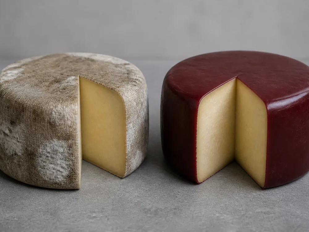 Two cheddar wheels side by side, one bound in mould-flecked grey cloth and one sealed in dark red wax - Barrys Bay Cheddar | KnowTheCheese